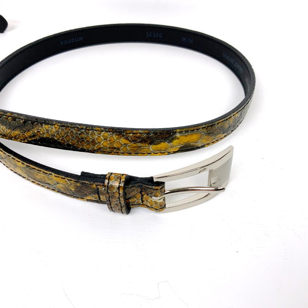 Snake Embossed Leather Black/Ellow Silver Buckle Dress Trouser Belt Sz M
